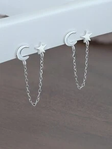 1 par Brincos de Argola Dupla Estrela de Lua Delicados de Prata Esterlina 925 com Corrente e Borlas, Joias Presentes para Mulheres, Uso Diário e em Festas de Casamento e Noivado
