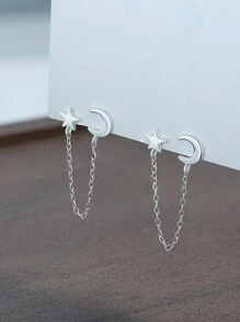 1 par Brincos de Argola Dupla Estrela de Lua Delicados de Prata Esterlina 925 com Corrente e Borlas, Joias Presentes para Mulheres, Uso Diário e em Festas de Casamento e Noivado