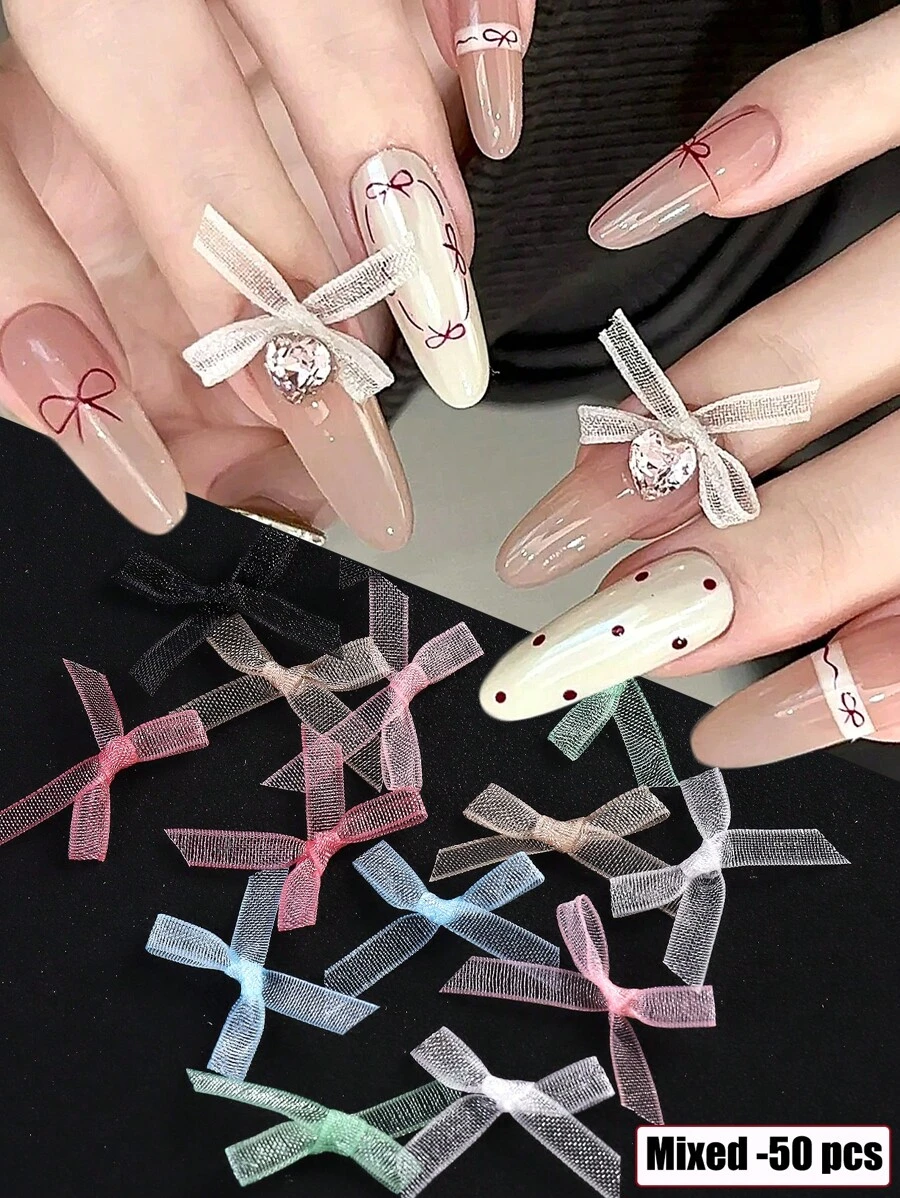 50 Pcs Bow Ribbon Nail Art Accessories 3D Japanese Mixed Color Sand Surface Bow Nail Art Decoration Nail Art Accessories Diy Nail Art Accessories Nail Charms Nail Gems Nail Supplies Nails - Multicolor - View 1