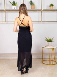 Vestido largo con corte asimétrico de tirantes con abertura en la pierna con escote en la espalda   Primavera y verano nuevo retro, elegante e irregular, vestido de volantes, vestido de dama de honor, vestido de graduación Rocío sensual Vestido de espalda - Negro - Ver 5