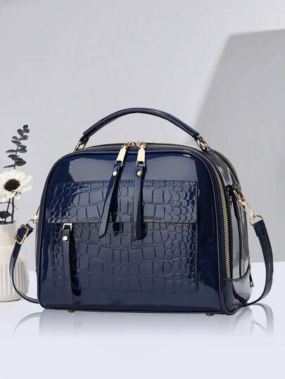 PLANEE Fashionable Faux Leather Crossbody Bag, Women's Shoulder Phone Wallet, Double-Zipper Crossbody Bag, Glossy Crocodile Print Shoulder Bag, Large Capacity Multi-Pocket Adjustable Shoulder Strap Handbag, Best Mother Day Gifts Ever