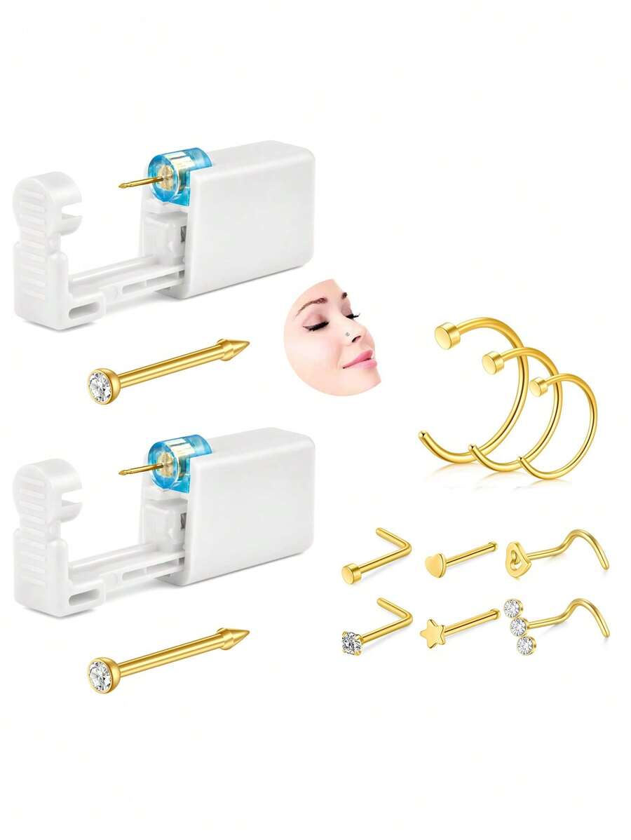 11Pcs Nose Piercing Kit, Piercing Gun Built-In Nose Studs, Painless Self Piercing Kit With 20G Nose Rings Studs, Disposable Piercing Gun For At Home Nose Piercing - Multicolor - View 1
