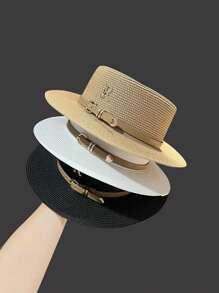 1pc Women's Metal R Letter Buckle Straw Hat, Casual Summer Sun Hat For Beach Vacation - Straw Hat - View 2
