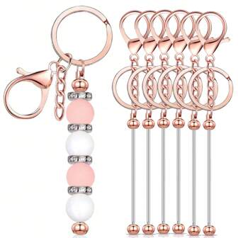 6件玫瑰金色可串珠的鑰匙串桿金屬飾品吊墜diy手工藝品珠寶製造禮品用品