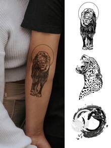 1pc Waterproof, Sweatproof, Washable, Non-Reflective Temporary Tattoo Sticker, Featuring Wild Beasts Such As Lion, Leopard, And Wild Fish Swimming In Water, Suitable For People. - Black - View 2
