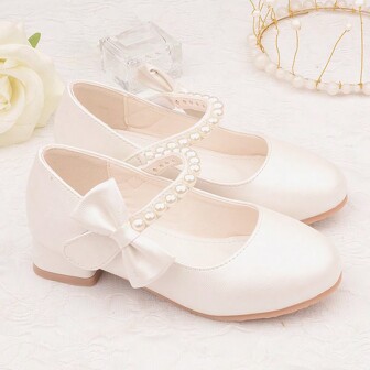 Girls' White High Heels, Princess Style Spring & Autumn Leather Shoes, Children's Dress Shoes