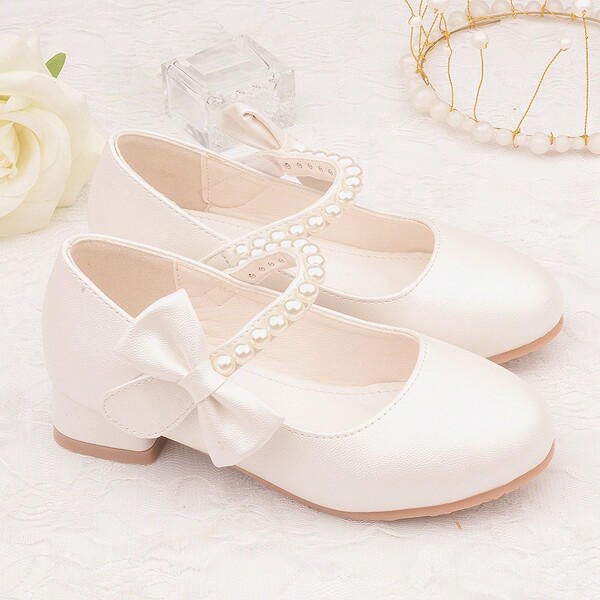 Girls' White High Heels, Princess Style Spring & Autumn Leather Shoes, Children's Dress Shoes