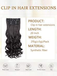 Extensiones de cabello con clip de fibra sintética ondulada de 20 pulgadas de largo, clip de cabello sintético grueso y suave para uso diario para mujeres (Marrón Oscuro)