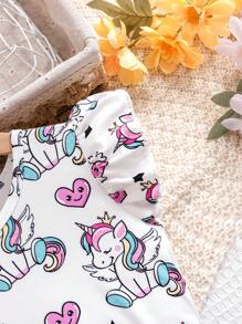 Young Girl Knitted Unicorn Cap Sleeve T-Shirt And Denim Effect Skirt Set, Spring/Summer