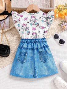 Young Girl Knitted Unicorn Cap Sleeve T-Shirt And Denim Effect Skirt Set, Spring/Summer