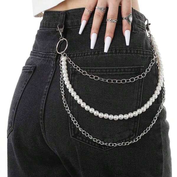 1 Set Multi-Layer Chains Faux Pearl Versatile Body Chain Punk Style Jeans Waist Chain