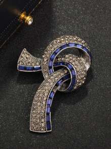 1pc Women Rhinestone Knot Ribbon Style Brooch, Retro Elegant Shirt Collar Decor Accessory - Blue - View 4