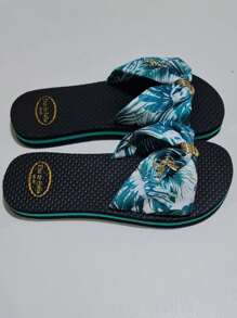 Chinelo Feminino Laço You Saint Tropez Rasteirinha Tecido Estampado Sola Emborrachada - Preto-Verde - Visão 5