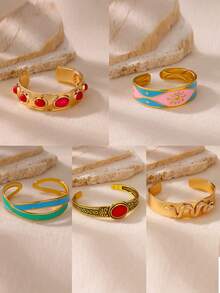 1入組彩色油滴太陽女手鐲，金色不銹鋼幾何開口袖扣手鐲，美學時尚珠寶禮物 2024 - 金黃色 - 查看 1