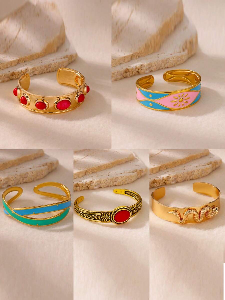 1入組彩色油滴太陽女手鐲，金色不銹鋼幾何開口袖扣手鐲，美學時尚珠寶禮物 2024 - 金黃色 - 查看 1