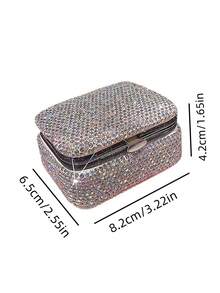 1 件迷你珠宝盒带镜子，镶嵌水钻，用于项链戒指耳环存放，小巧便携，适合旅行