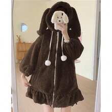 BZB Kawaii Anime Bunny Ear Hoodies For Women Sweet Lovely Fuzzy Fluffy Rabbit Sweater Tops Cosplay Jacket Coats - Brown - View 2