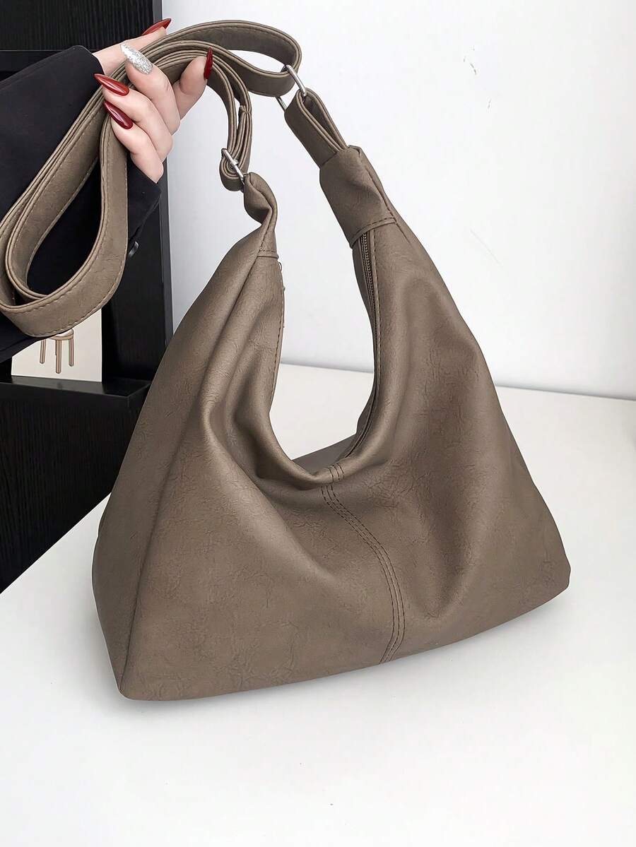 Bolso de hombro diagonal de capacidad grande con superficie suave de PU unicolor, bolso informal de viaje con forma de media luna para mujeres - Café integral - Ver 1
