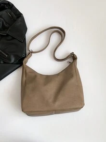 Bolso de hombro diagonal de capacidad grande con superficie suave de PU unicolor, bolso informal de viaje con forma de media luna para mujeres - Café integral - Ver 7