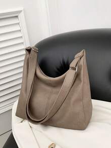 Bolso de hombro diagonal de capacidad grande con superficie suave de PU unicolor, bolso informal de viaje con forma de media luna para mujeres - Café integral - Ver 4