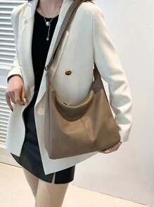Bolso de hombro diagonal de capacidad grande con superficie suave de PU unicolor, bolso informal de viaje con forma de media luna para mujeres - Café integral - Ver 2