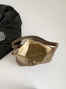 Bolso de hombro diagonal de capacidad grande con superficie suave de PU unicolor, bolso informal de viaje con forma de media luna para mujeres - Café integral - Ver 8