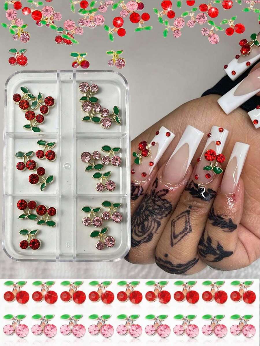 Cherry Nail Rhinestones, Kalolary 3D Valentine'S Charm Red Pink Fruit Rhinestone Crystal Nail Studs Alloy Nail Gems For Women Nail Art Decoration Diy Nail Charms Nail Supplies Nails