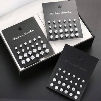 24入組流行精美閃亮立體氧化鋯耳釘，男女皆適用基本銀色多耳環套裝，適用於朋友、情侶、假日、派對、約會、日常佩戴、禮物贈送等