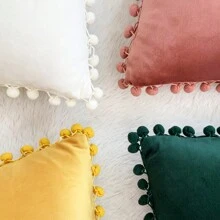 1pc Velvet Bow Knot Pillowcase Without Pillow Core, Cute Square Pillowcase With Pom Pom Bow Knot, Living Room Sofa Decoration Gifts Birthday Graduation - Multicolor - View 6