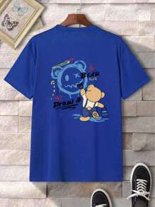 MURAMASA Men Cartoon Letter Print Drop Shoulder T-Shirt - 藍色 - 查看 3