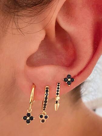 4入組時尚24K金鍍立方氧化鋯耳環，女士黑色立方氧化鋯耳環套裝