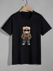 Camiseta Redonda De Cuello Estampada Con Dibujos Animados Para Hombres - Negro - Ver 3