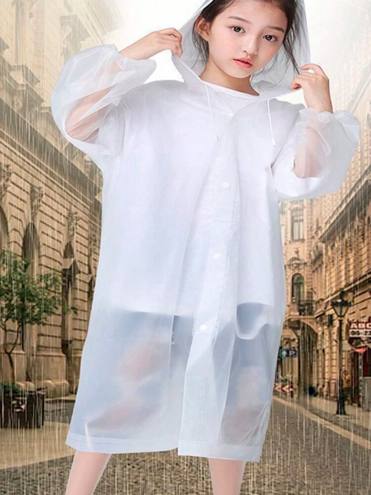 1pc Waterproof Raincoat Economical Simple Plain Color For Children Ideal For Rainy Times Elastic And Spacious - 白色 - 查看 2