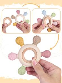 1 pieza Juguetes de dentición para bebés hechos de silicona, mordedores de silicona con timón de madera para calmar las encías de los bebés, adecuado para niños pequeños