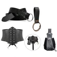 4 piezas Corset renacentista con cinturón y bolsa, accesorios de disfraz medieval y renacentista para Halloween, festivales, arnés - Negro - Ver 2