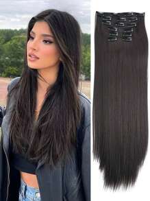 Soft and natural handmade women's hair extensions with long straight hair clip connectors - Brown - View 1