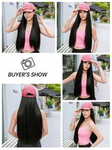 附有直髮擴展設計的棒球帽合成髮套，可調式帽圈女士女孩帽髮假髮，26吋，粉色帽子+黑色飄柔髮 - 黑色 - 查看 9