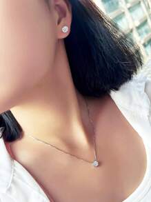 1pair Earrings + 1pc Necklace Genuine 925 Sterling Silver Round Cubic Zirconia Pave Wedding Engagement Jewelry Set For Women - White - View 8