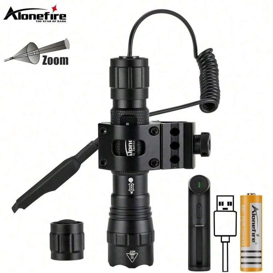 Alonefire 12W Zoom Tactical Flashlight Powerful Outdoor Travel Hunting Camping Fishing Hiking Mounts Remote Switch High Power Torch Light - Multicolor - View 1