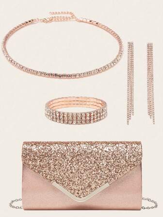 4 piezas Bolso de embrague de noche para mujer con aplicaciones de rhinestone, clip de oreja con rhinestone, gargantilla nupcial, pulsera colgante con brillo y destellos