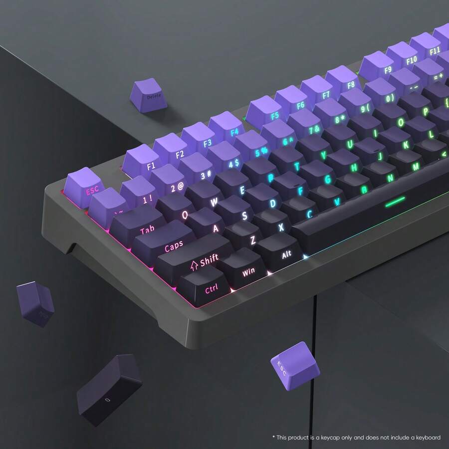 Keycaps Bàn phím cơ tiếng Anh 136 phím OEM với chất liệu PBT chuyển màu tím-sâu tím-đen có độ bền cao, các ký tự được khắc bằng laser, tương thích với bàn phím có phím cách 6.25U thông số kỹ thuật Châu Âu. Phím Enter 7 hình. Phù hợp với bàn phím cơ 61/64/68/82/84/87/96/98/100/104/108. Đi kèm với dụng cụ kéo Keycap. Đóng gói trong hộp đầy màu sắc. Chỉ Keycaps, Không Phải Bàn Phím.