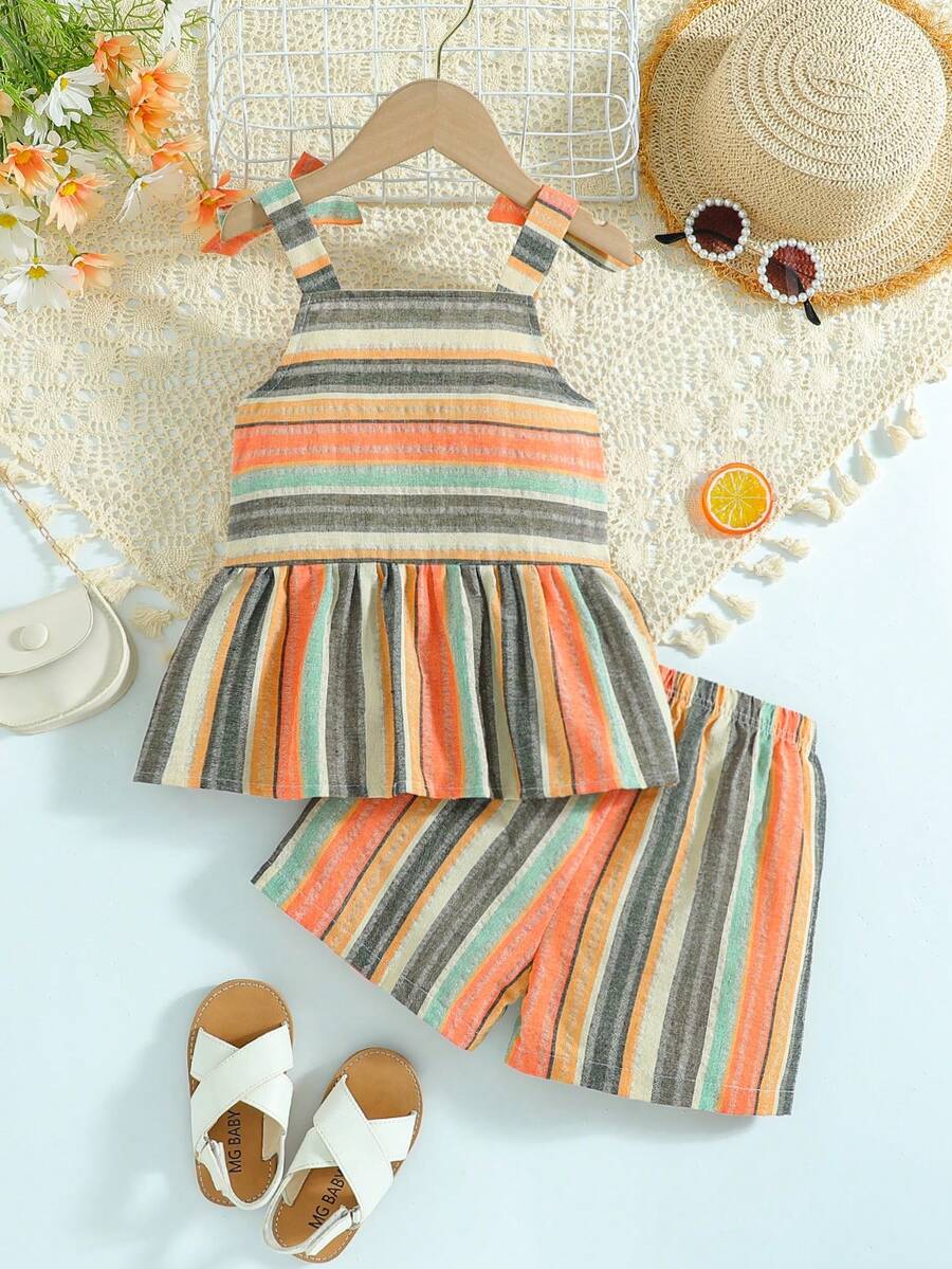 Young Girl Summer Sleeveless Striped Shorts Set With Bowknot Skirt