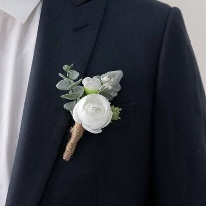 1 件人造花胸花，适合新郎和伴郎，绿叶桉树白山茶花胸花，适合婚礼仪式、舞会、返校节、周年纪念最佳礼物、婚礼装饰、家居装饰、房间装饰派对礼物新娘