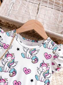 Young Girl Knitted Unicorn Cap Sleeve T-Shirt And Denim Effect Skirt Set, Spring/Summer