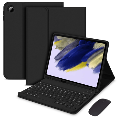 Capa com teclado e mouse compatível com Samsung Galaxy Tab, iPad e RedmiPad SE, com teclado Bluetooth sem fio destacável (150mAh) e suporte para caneta (preta).