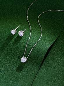 1pair Earrings + 1pc Necklace Genuine 925 Sterling Silver Round Cubic Zirconia Pave Wedding Engagement Jewelry Set For Women - White - View 4