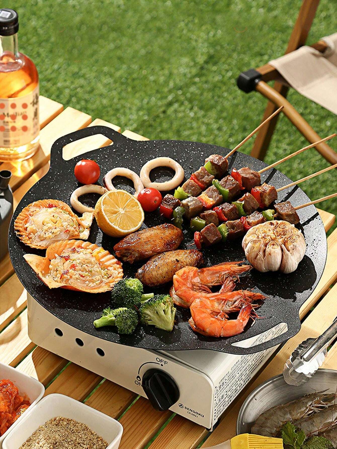 1pc NonStick Cast Iron Korean BBQ Plate And Pizza Pan, Double Handled