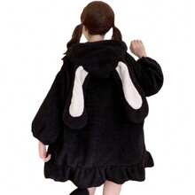 BZB Kawaii Anime Bunny Ear Hoodies For Women Sweet Lovely Fuzzy Fluffy Rabbit Sweater Tops Cosplay Jacket Coats - Black - View 1
