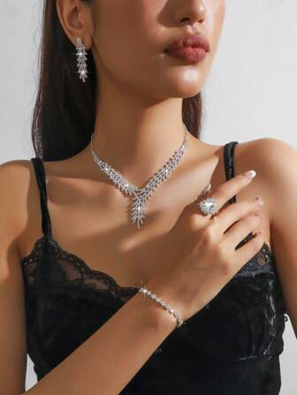 5 件全镶嵌水钻宝石叶形奢华设计高贵精致项链、耳环、戒指和手链套装，适合女士，适合婚礼、派对、节日和度假礼物