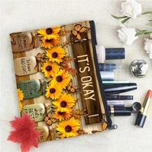 1pc Sunflower Pattern Fan Cosmetic Bag, Zipper Pouch For Girlfriend Gift, Students Stationery Bag, Women's Makeup Pouch, Desk Organizer, Bathroom Toiletries Storage Bag, Canvas Print Cosmetic Pouch,For Holiday Beach, Bathroom Collection, Bedroom Collection, Large Capacity - Multicolor - View 3